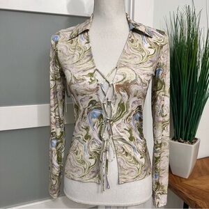 Aritzia Wilfred Dynasty Lace Up Top SZ Small Marble Print Coquette Fairy NWT